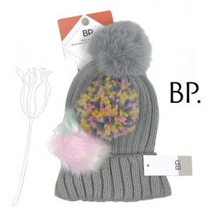 BP Gray Ribbed Beanie Hat Interchangeable Poms 3 Options Ski Winter